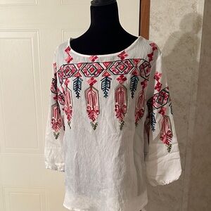 Embroidered White Blouse with Red and Green Accents
